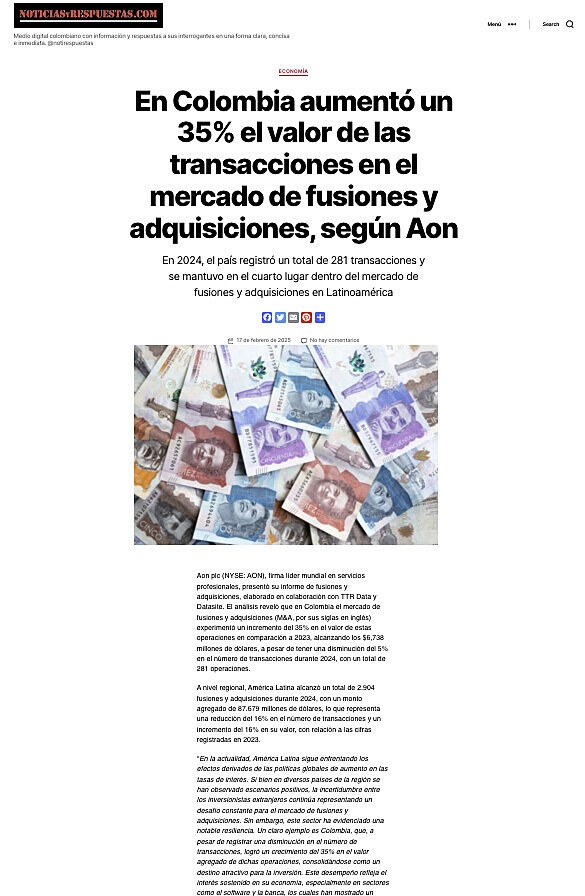 En Colombia aument� un 35% el valor de las transacciones en el mercado de fusiones y adquisiciones, seg�n Aon